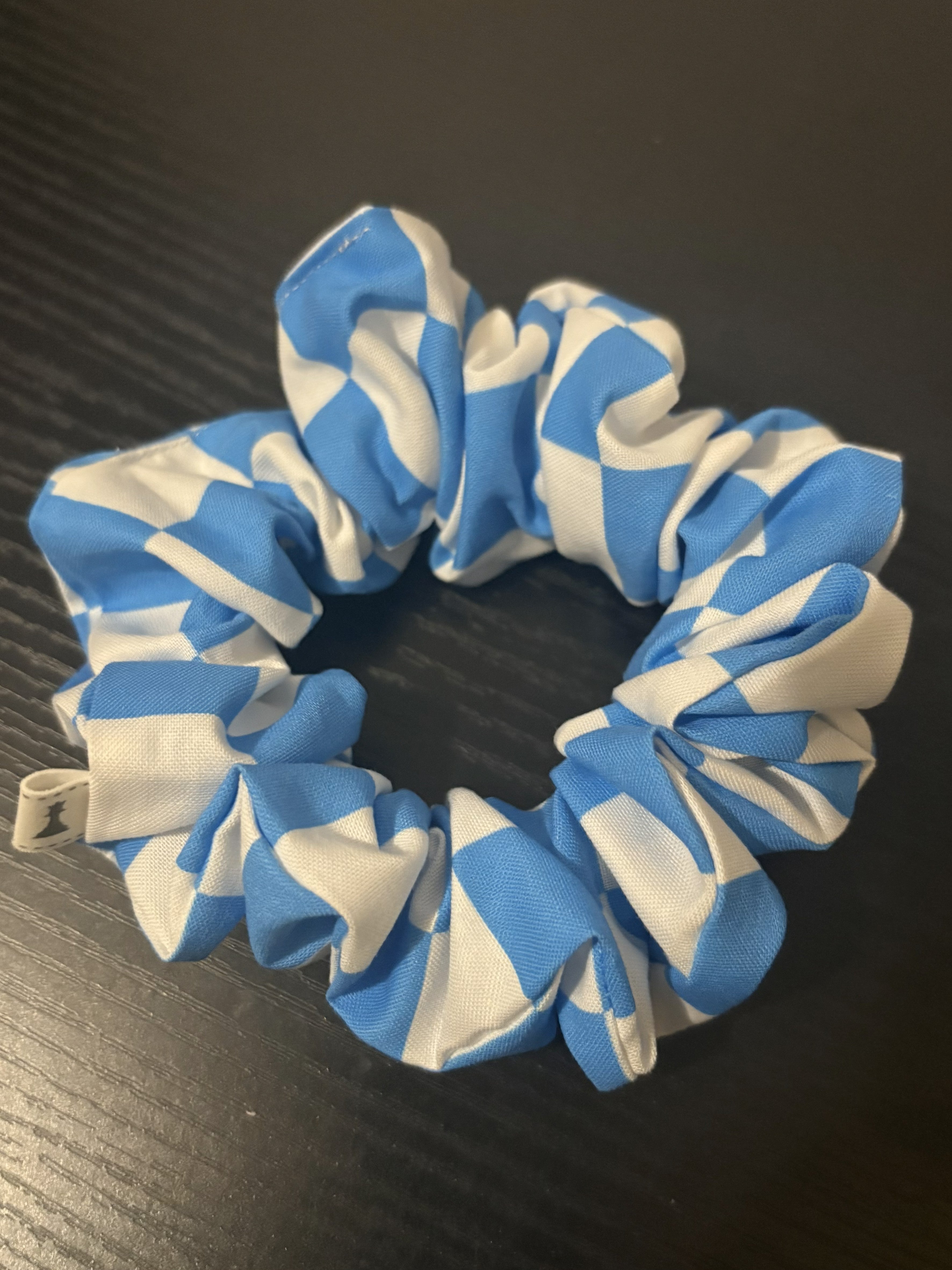 Blue and white checkered hair scrunchie
