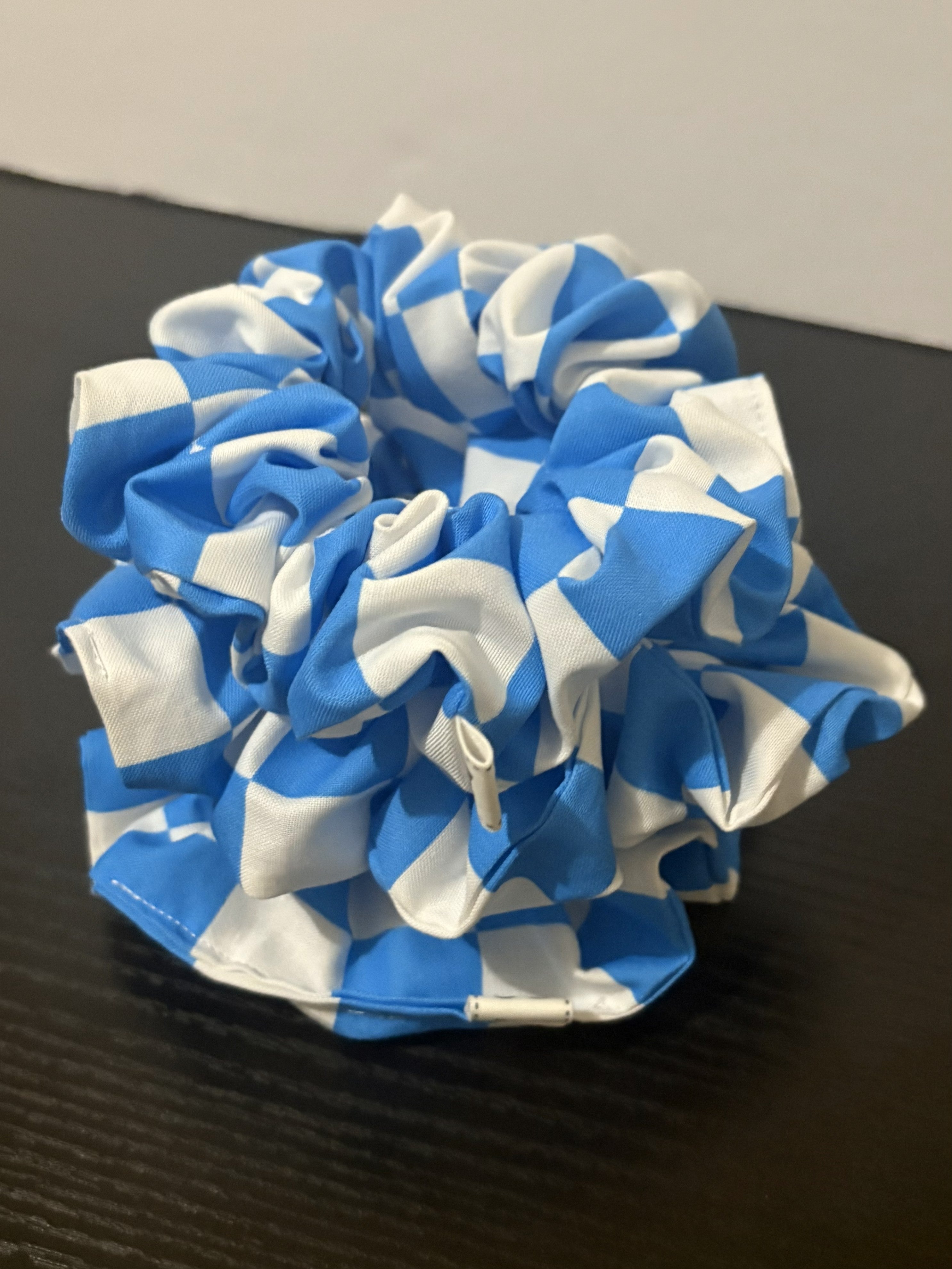 Blue and white checkered hair scrunchie