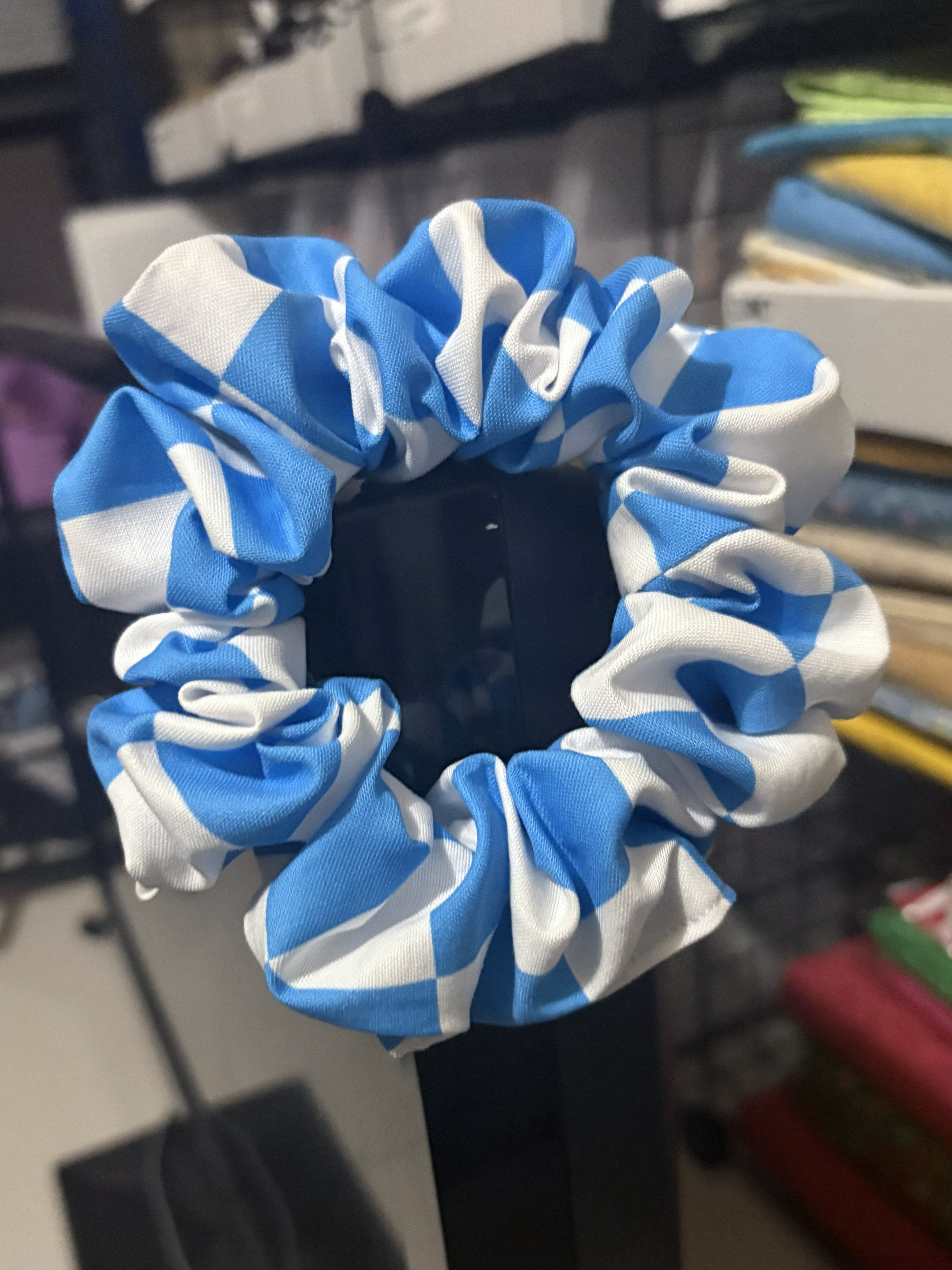 Blue and white checkered hair scrunchie