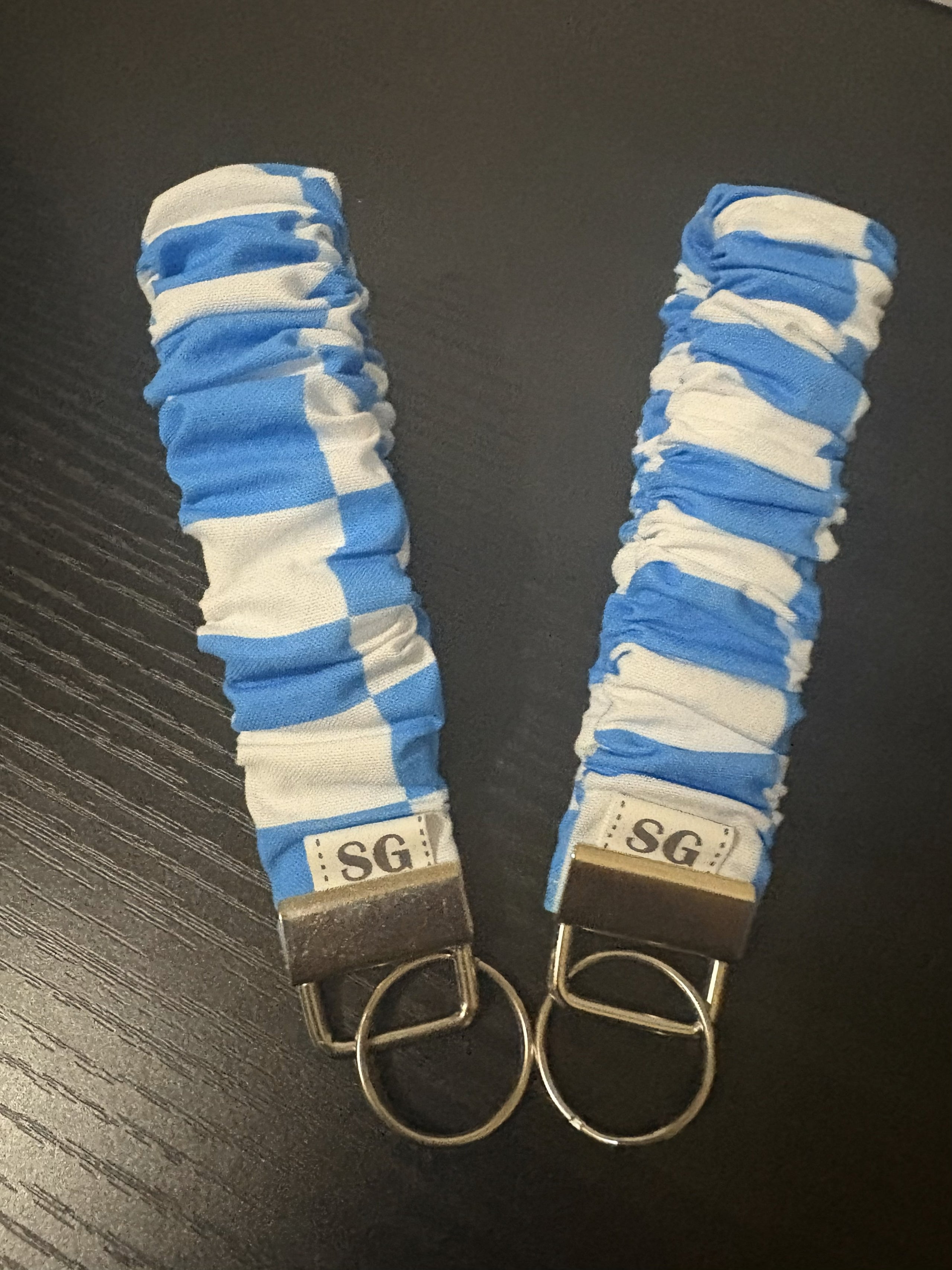 Blue and white checkered scrunchie wristlet