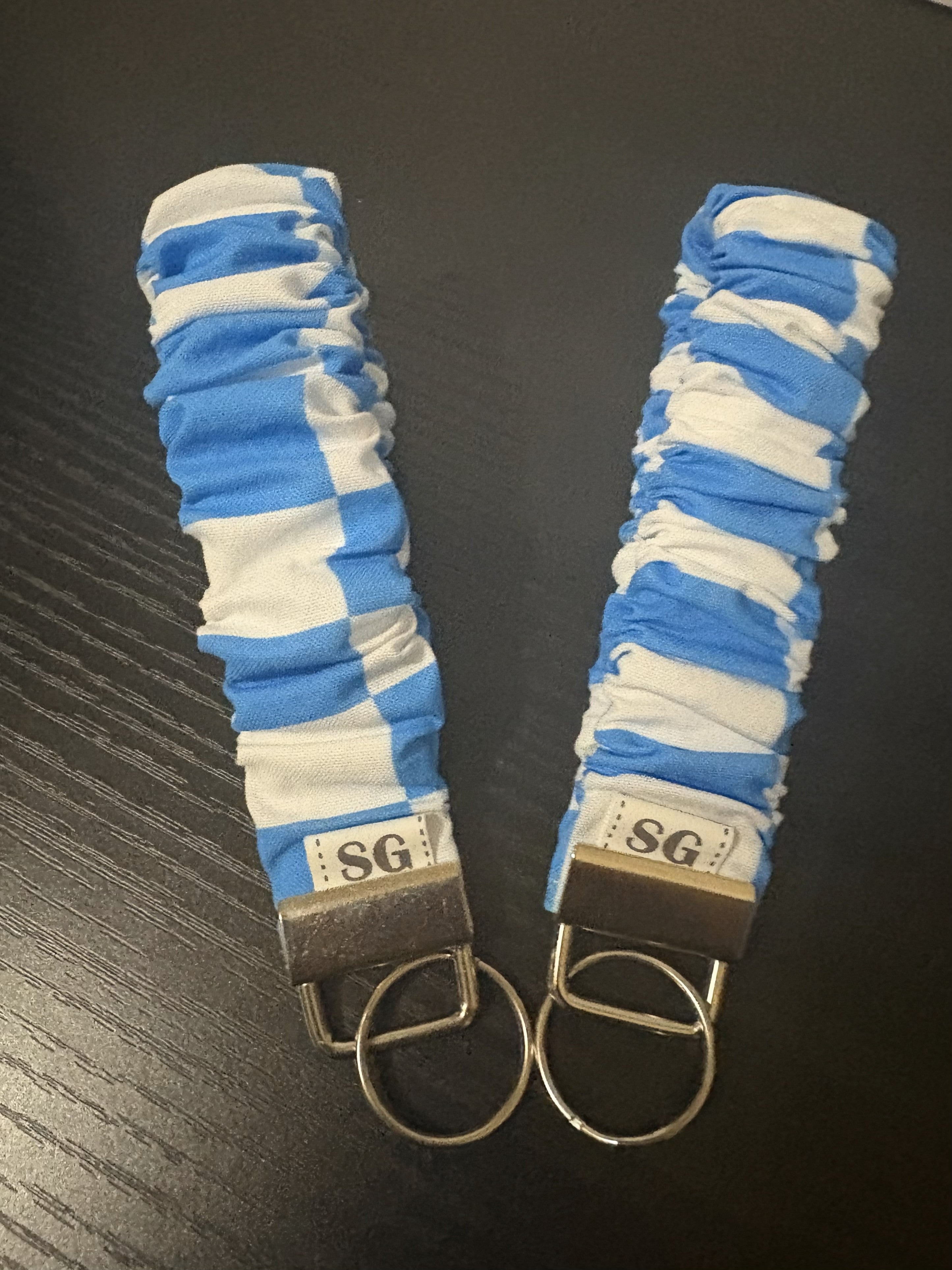 Blue and white checkered scrunchie wristlet