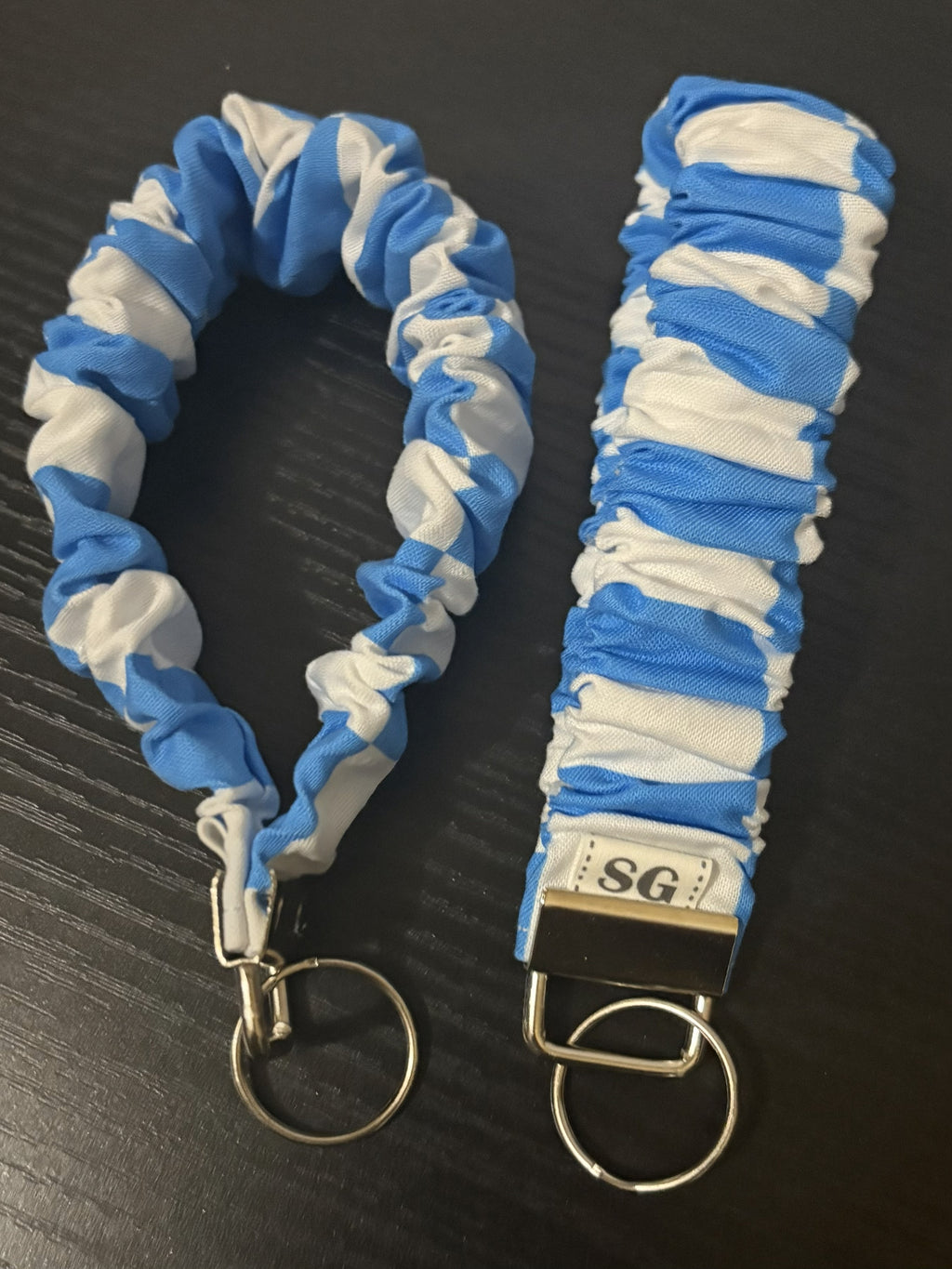 Blue and white checkered scrunchie wristlet