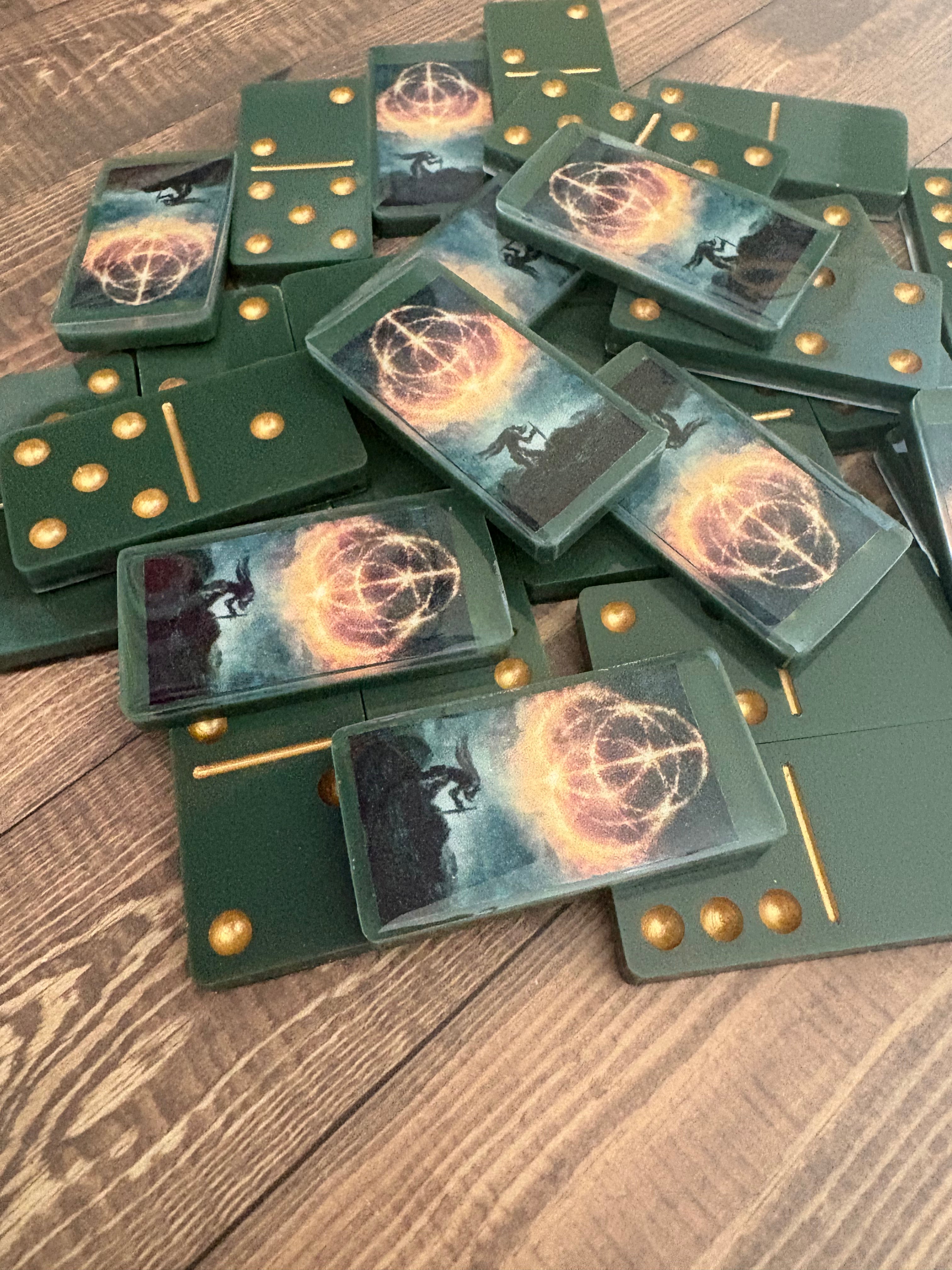 Green and gold Eldin Ring dominoes
