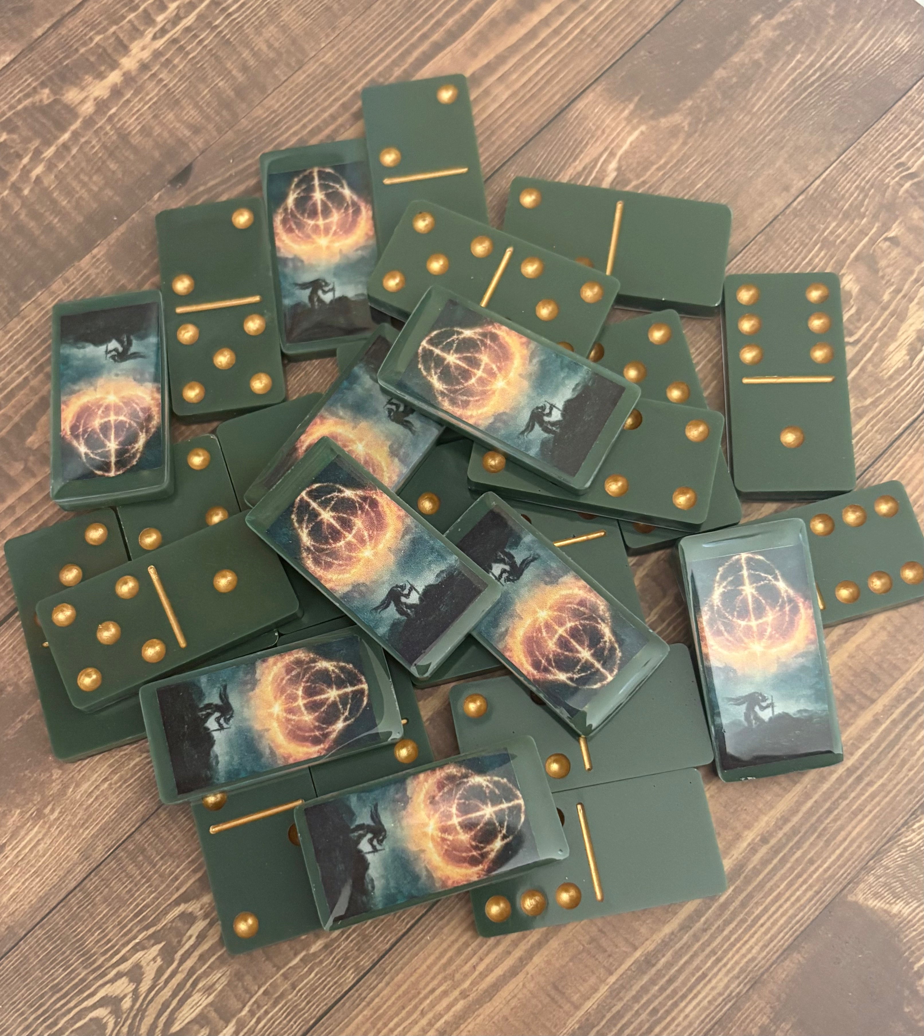 Green and gold Eldin Ring dominoes