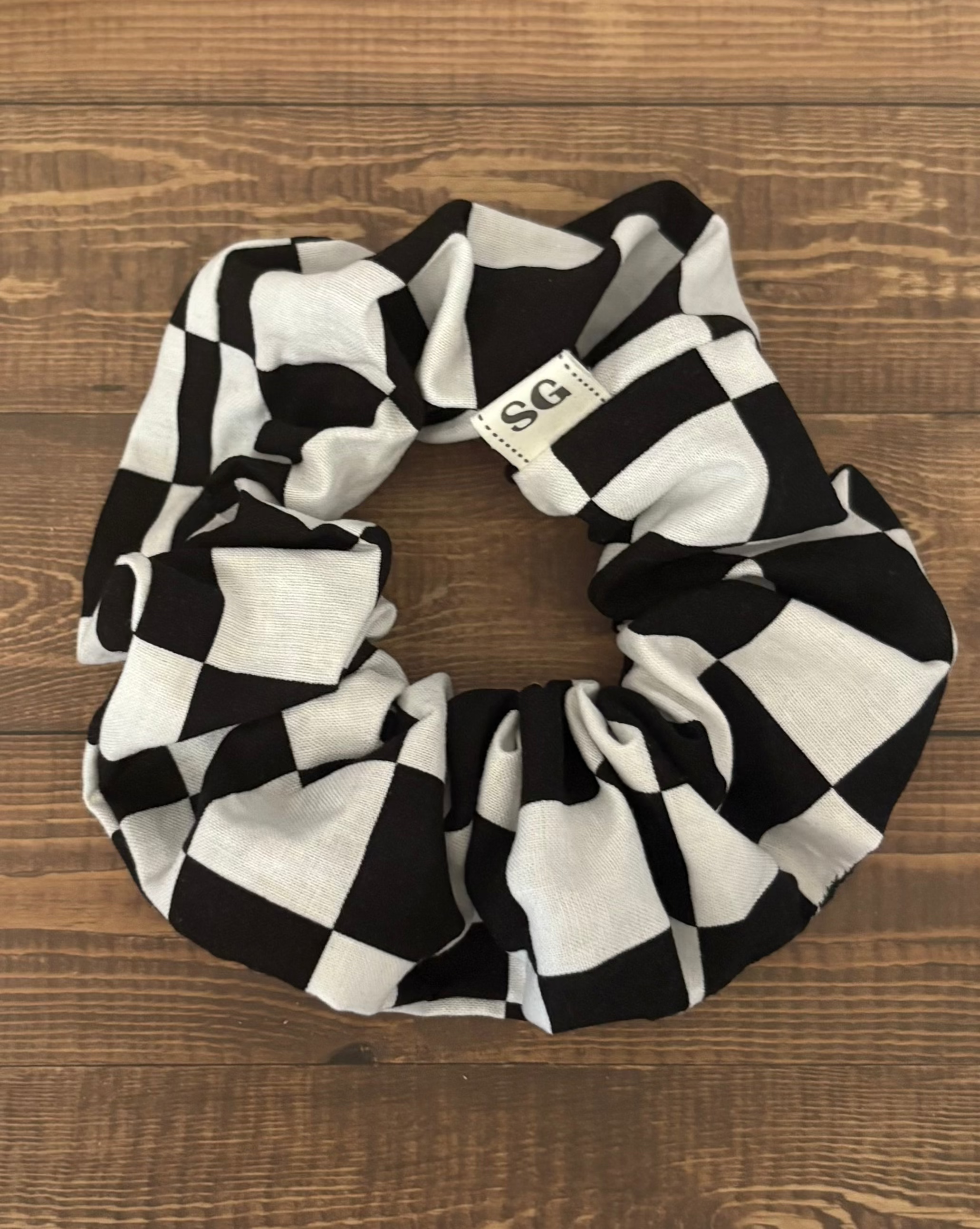 Black and white checkered hair scrunchie