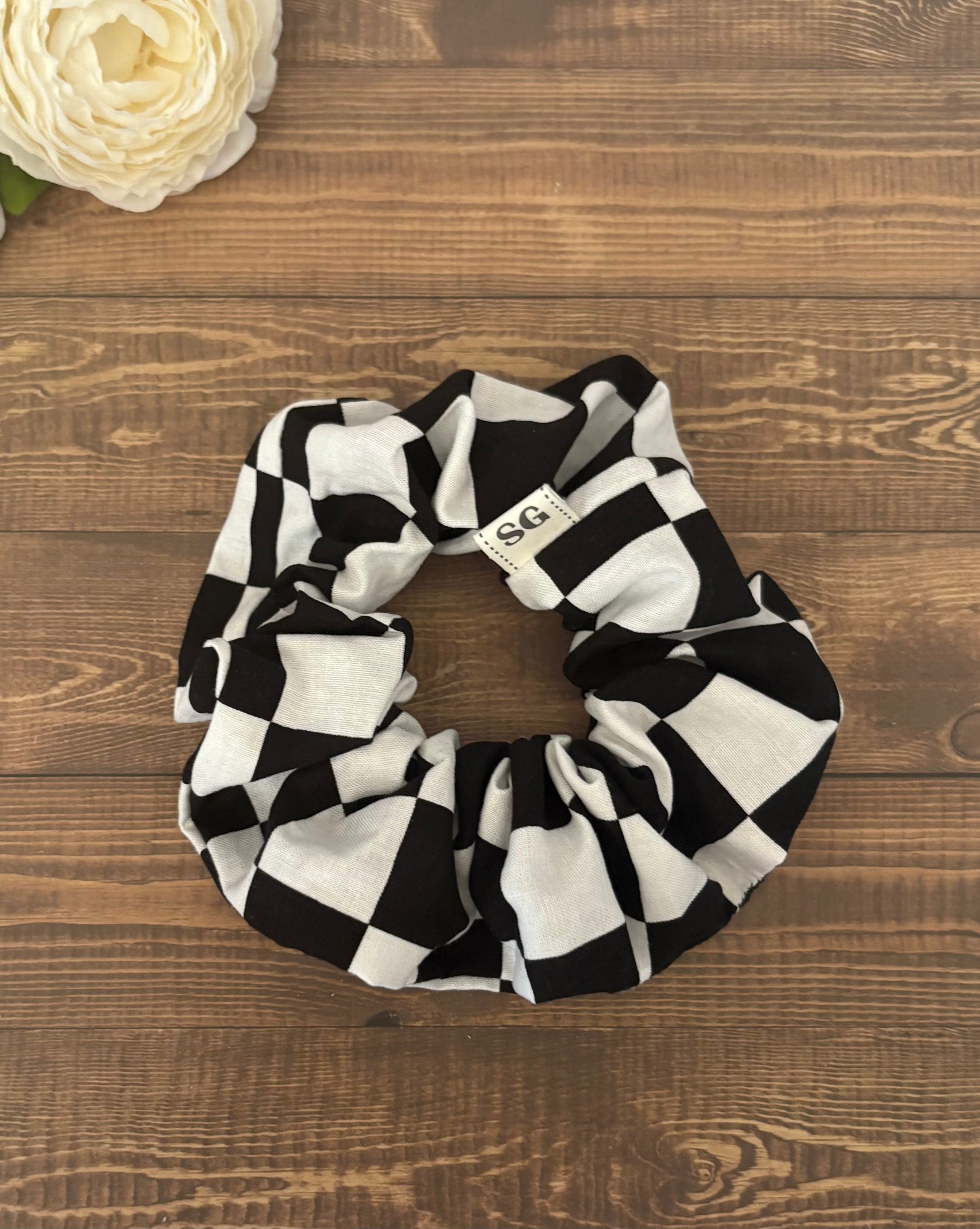 Black and white checkered hair scrunchie