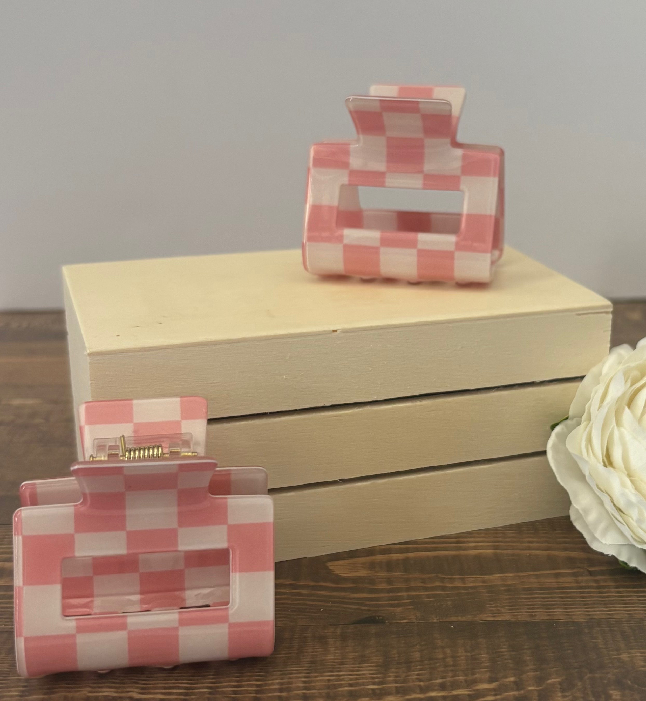 Pink and white checkered mini hair clip