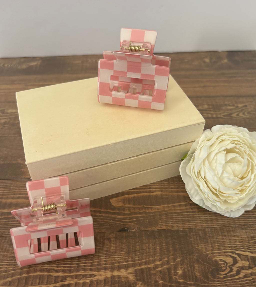 Pink and white checkered mini hair clip