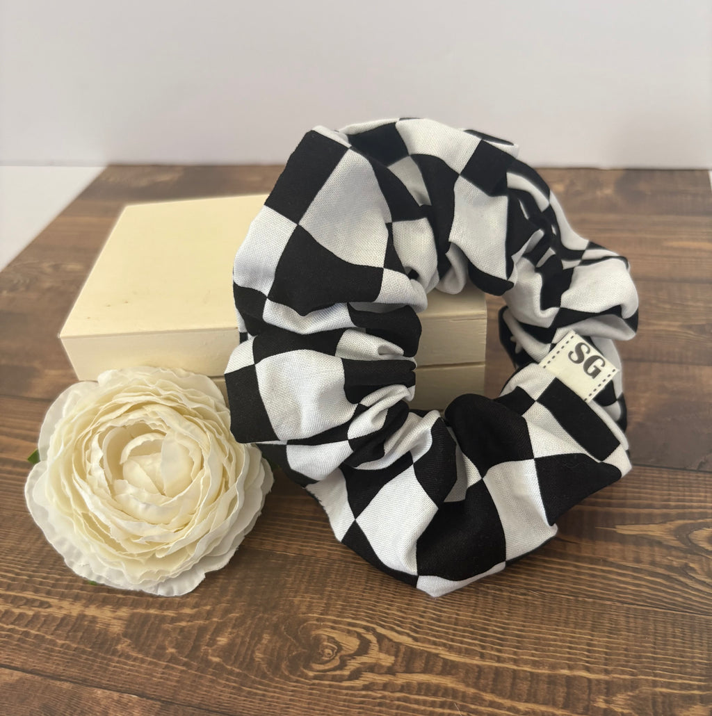 Black and white checkered hair scrunchie