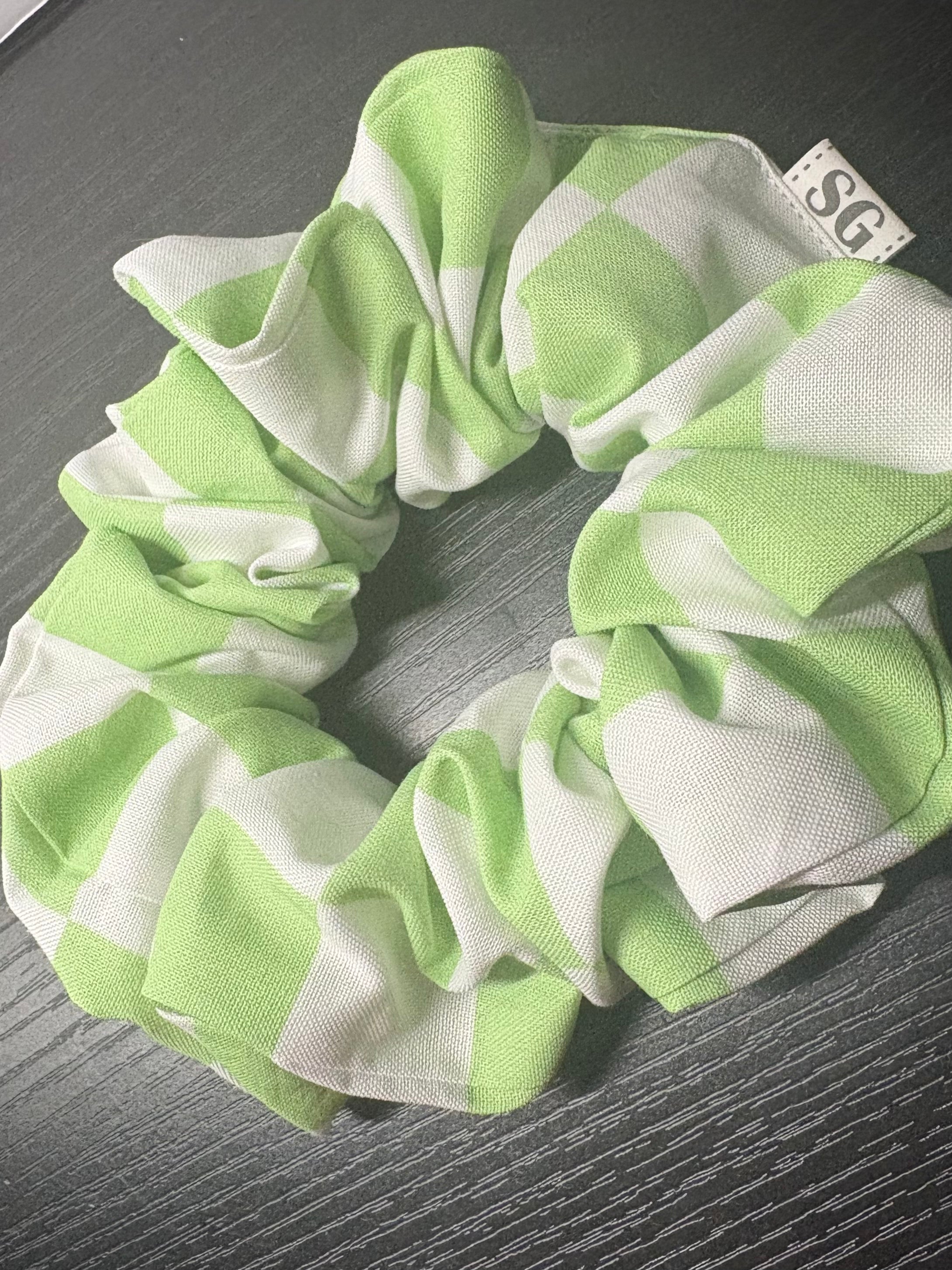 Green and white checkered hair scrunchie