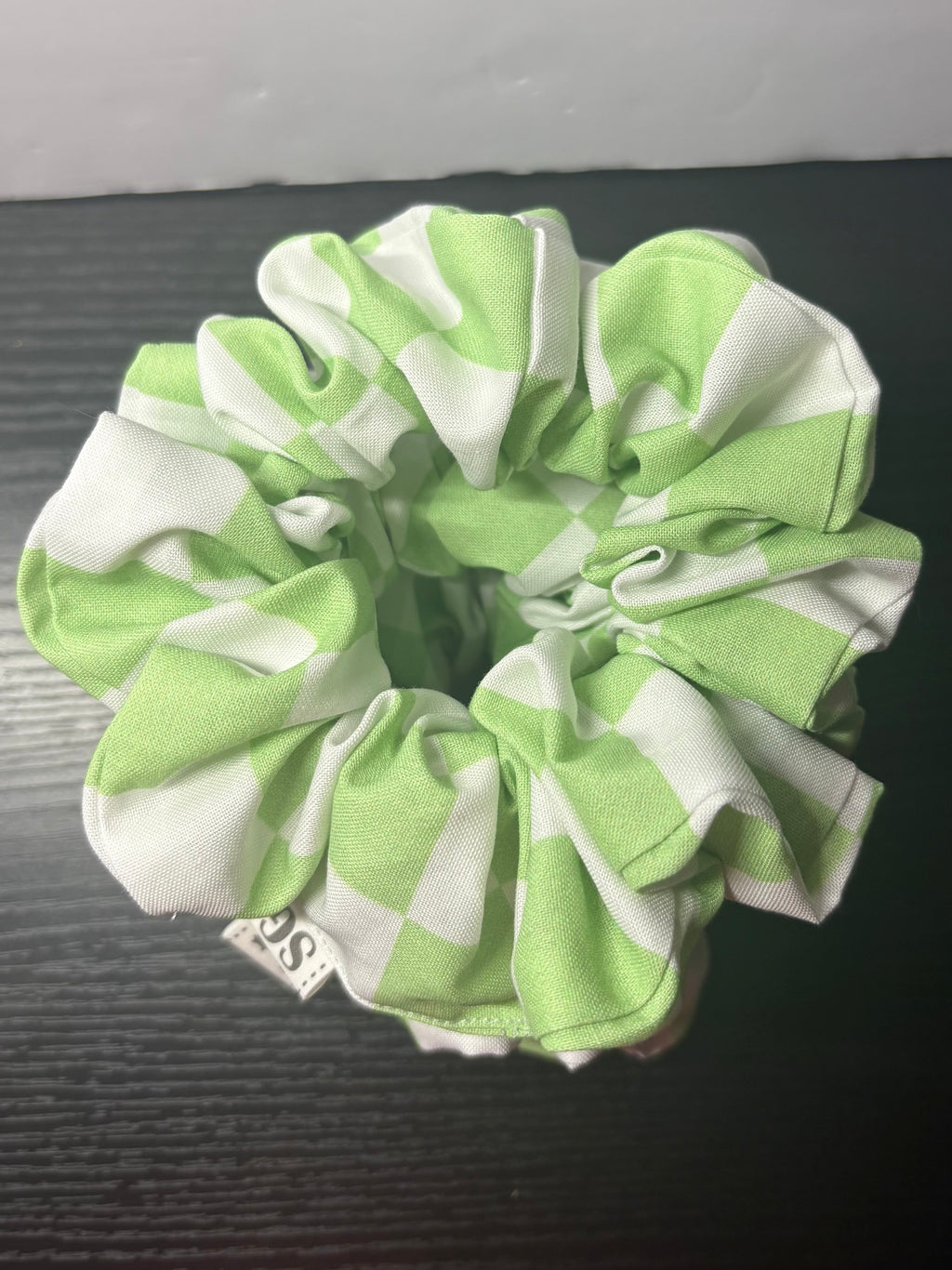 Green and white checkered hair scrunchie