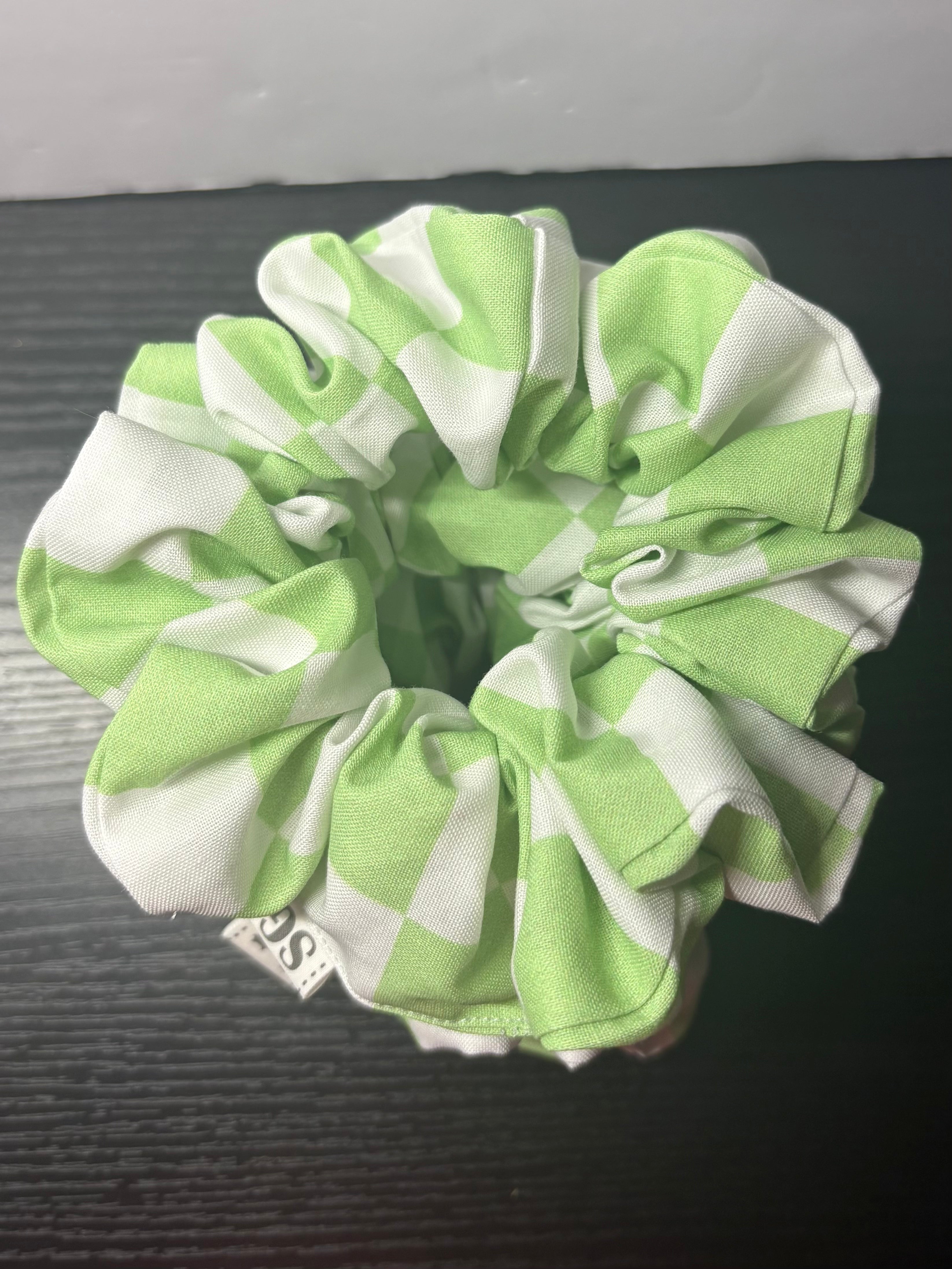 Green and white checkered hair scrunchie
