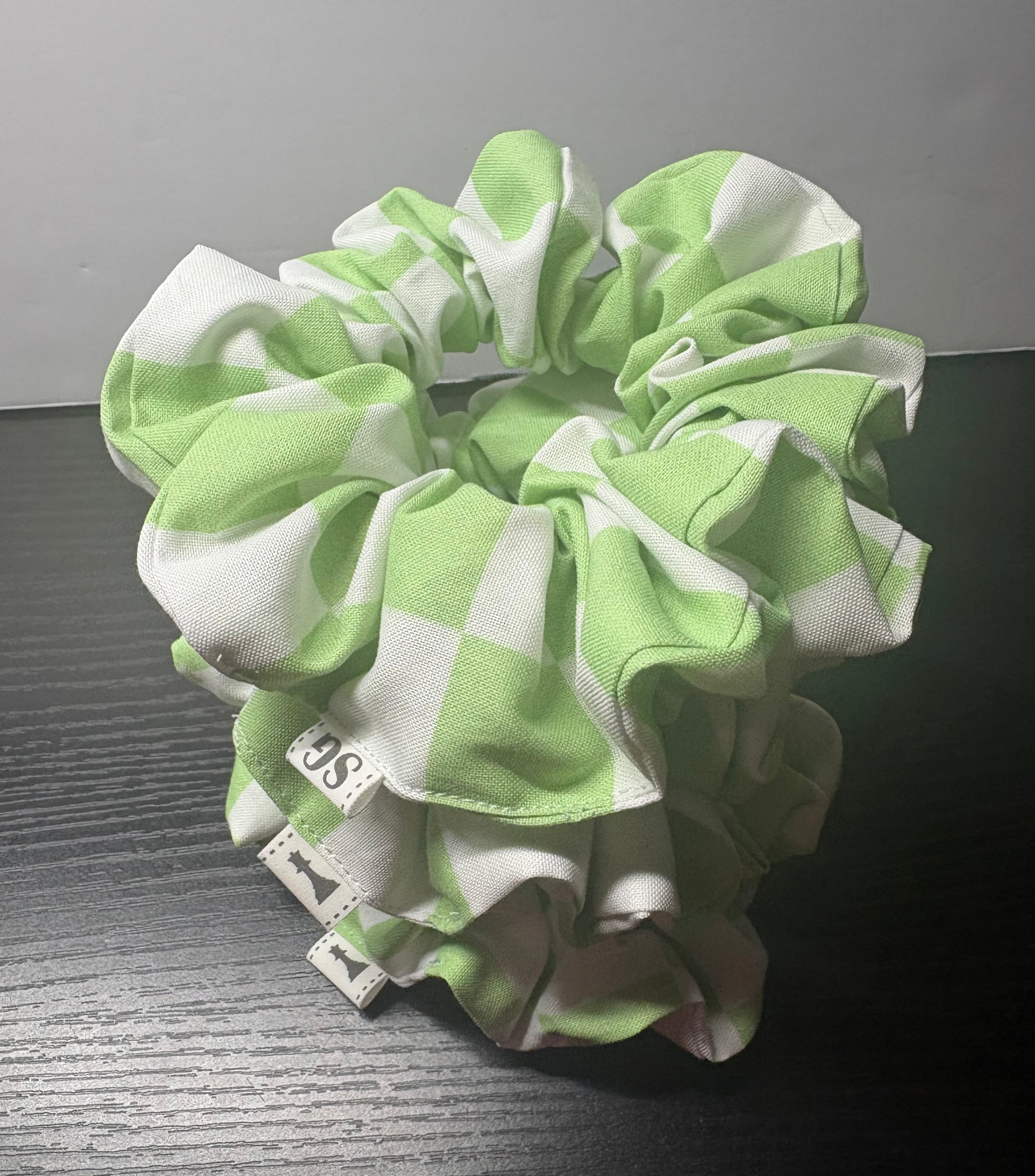 Green and white checkered hair scrunchie