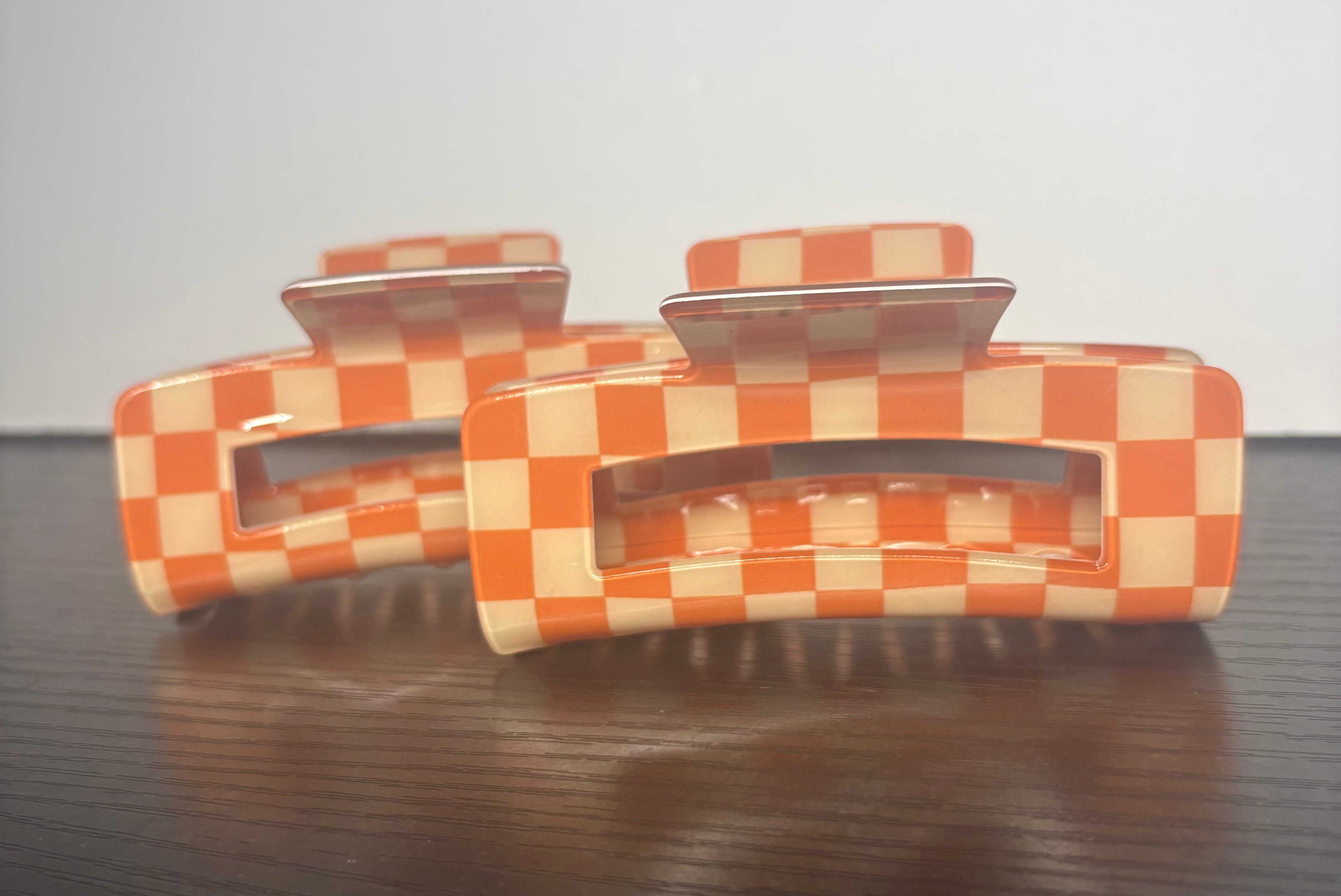 Orange and white large, checkered hair claw