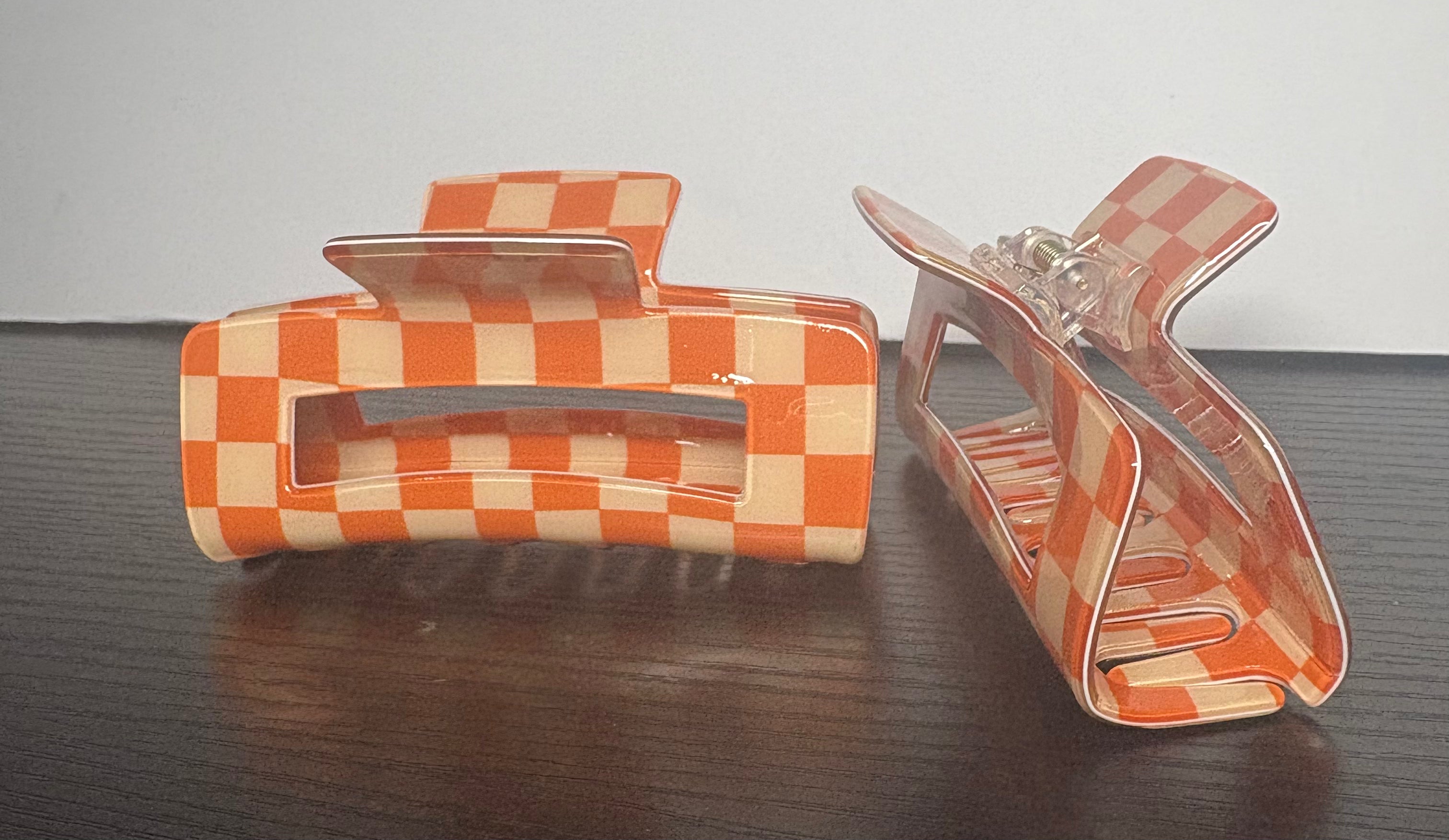Orange and white large, checkered hair claw