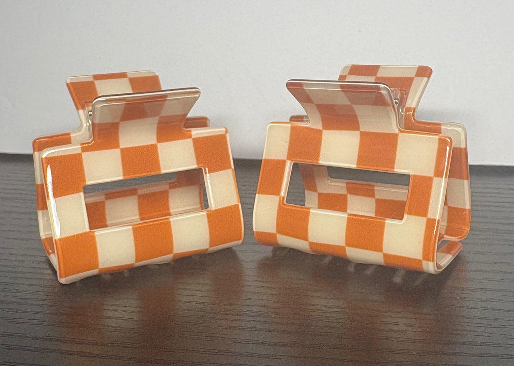 Orange and white checkered mini hair clip