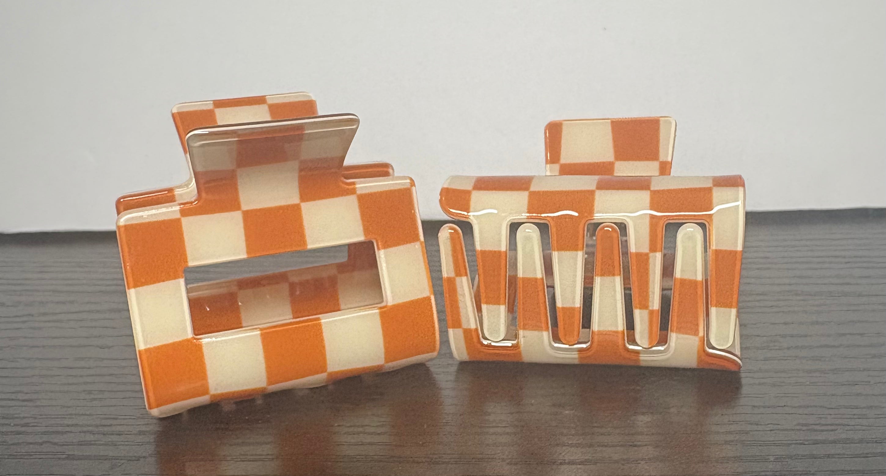 Orange and white checkered mini hair clip