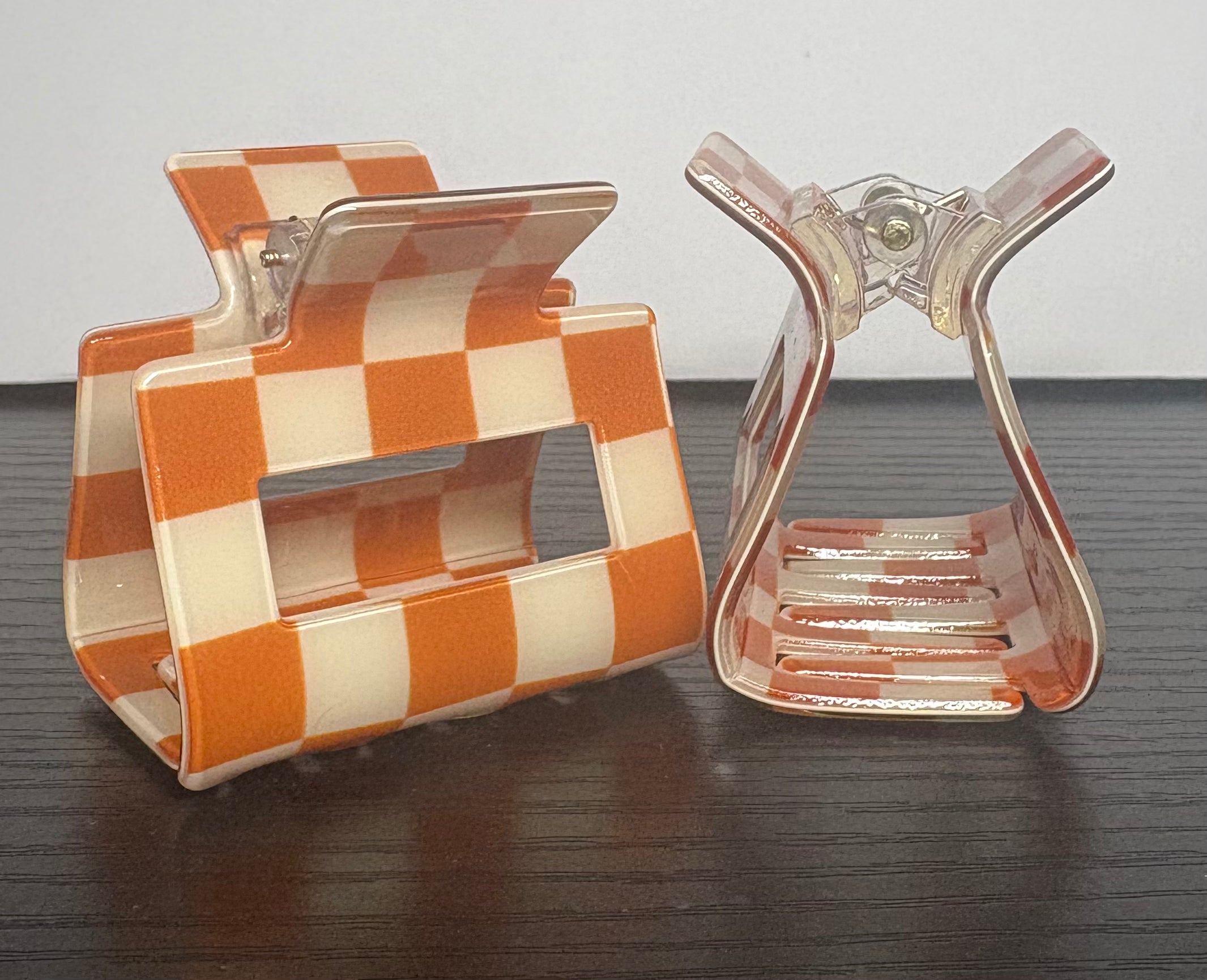 Orange and white checkered mini hair clip