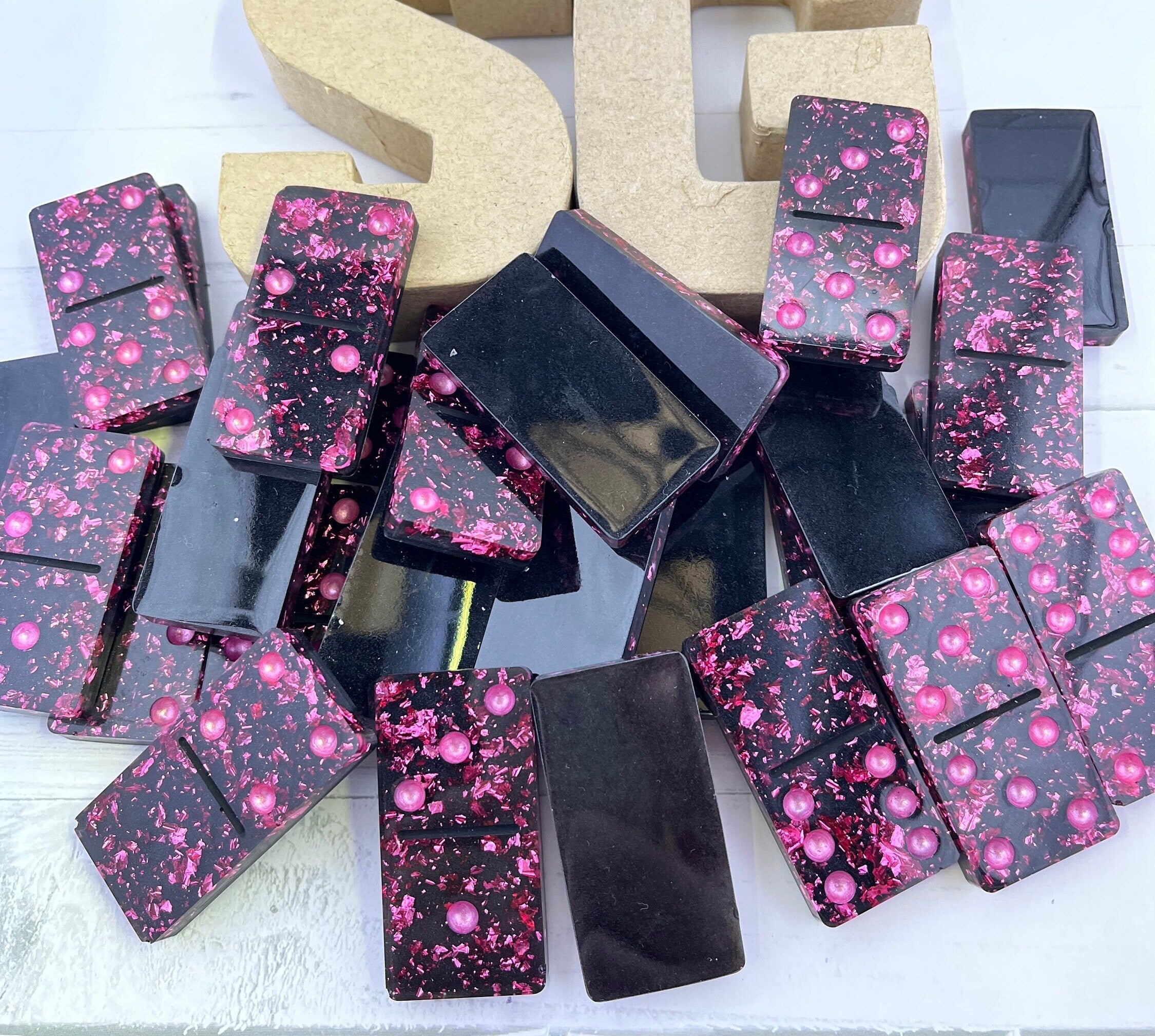Pink, Gold, or Green handmade resin Dominoes.