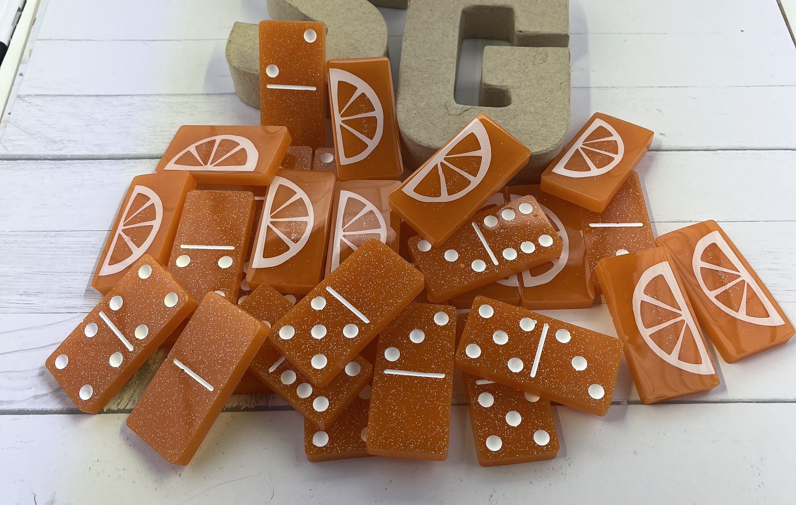 Orange and white hand-made resin Dominoes
