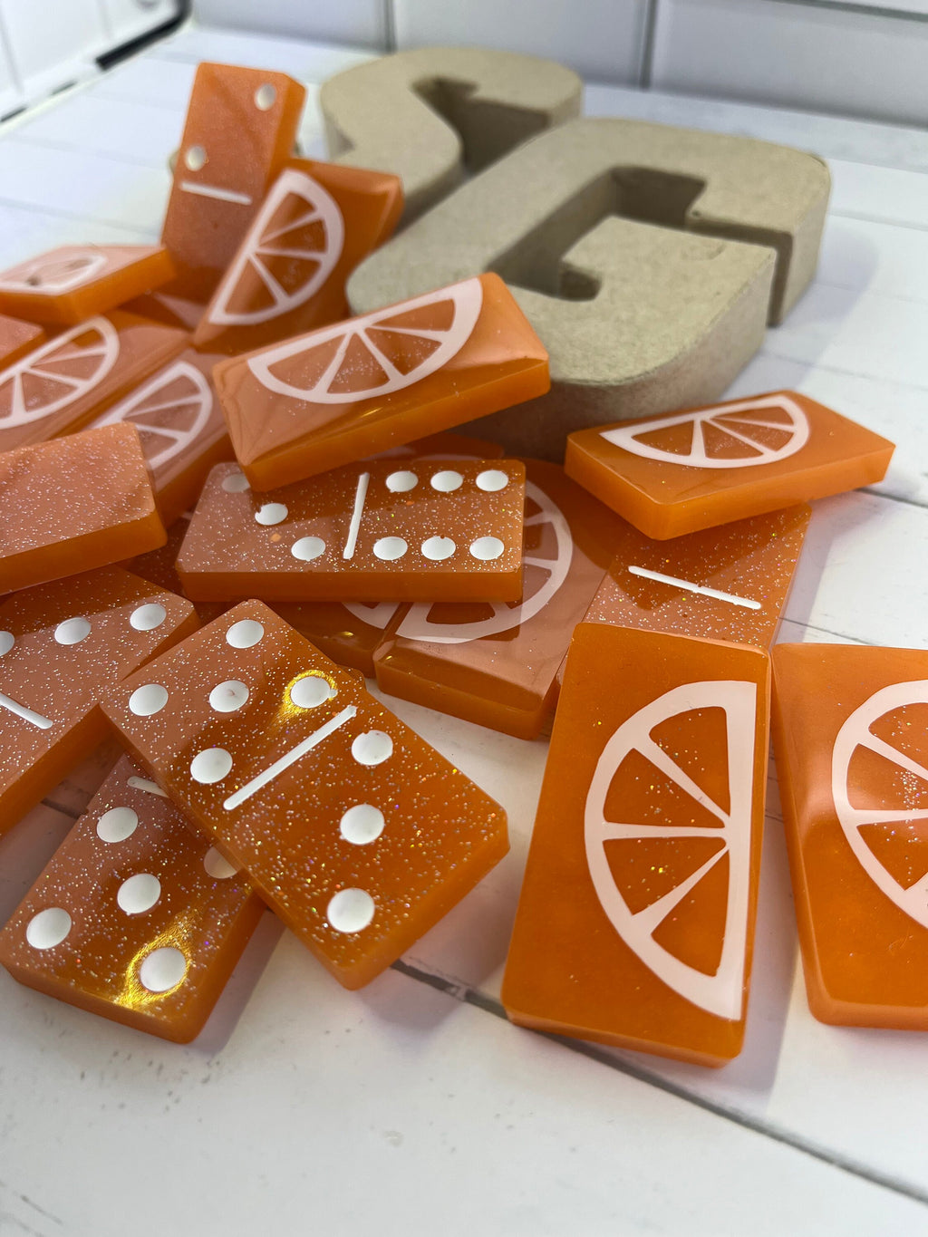 Orange and white hand-made resin Dominoes