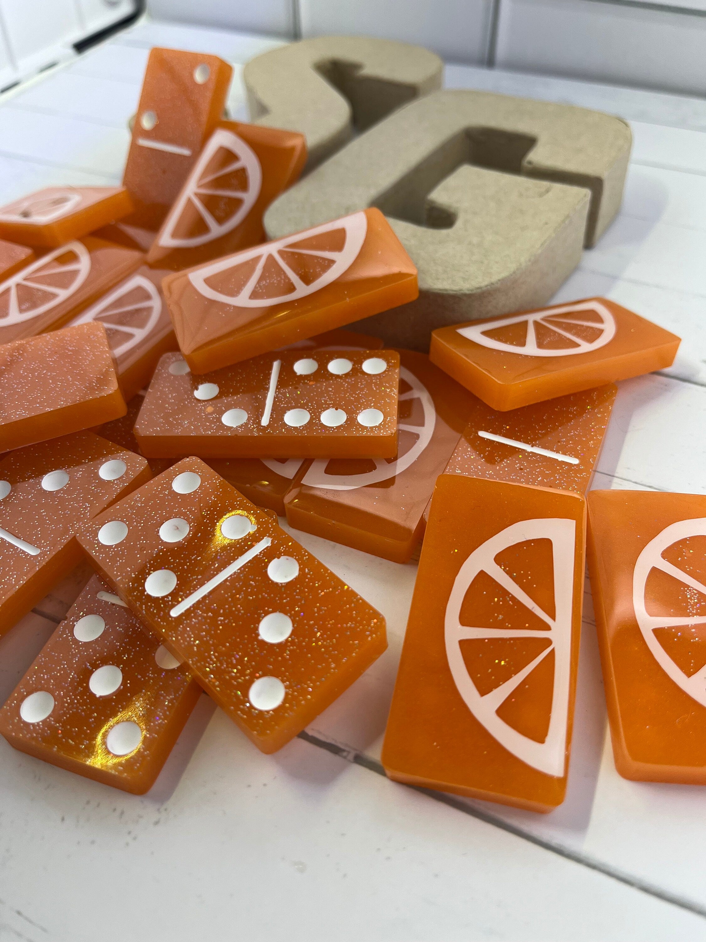Orange and white hand-made resin Dominoes