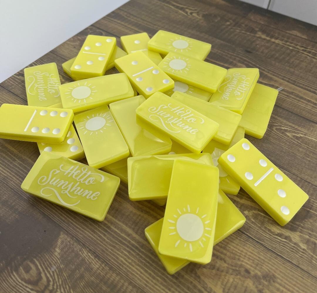 Yellow and white Hello Sunshine handmade resin domino set