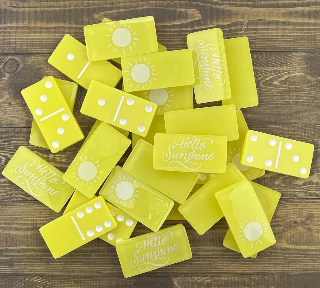 Yellow and white Hello Sunshine handmade resin domino set