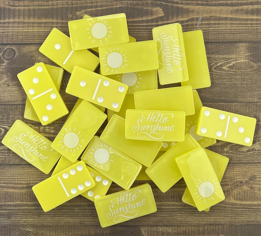 Yellow and white Hello Sunshine handmade resin domino set