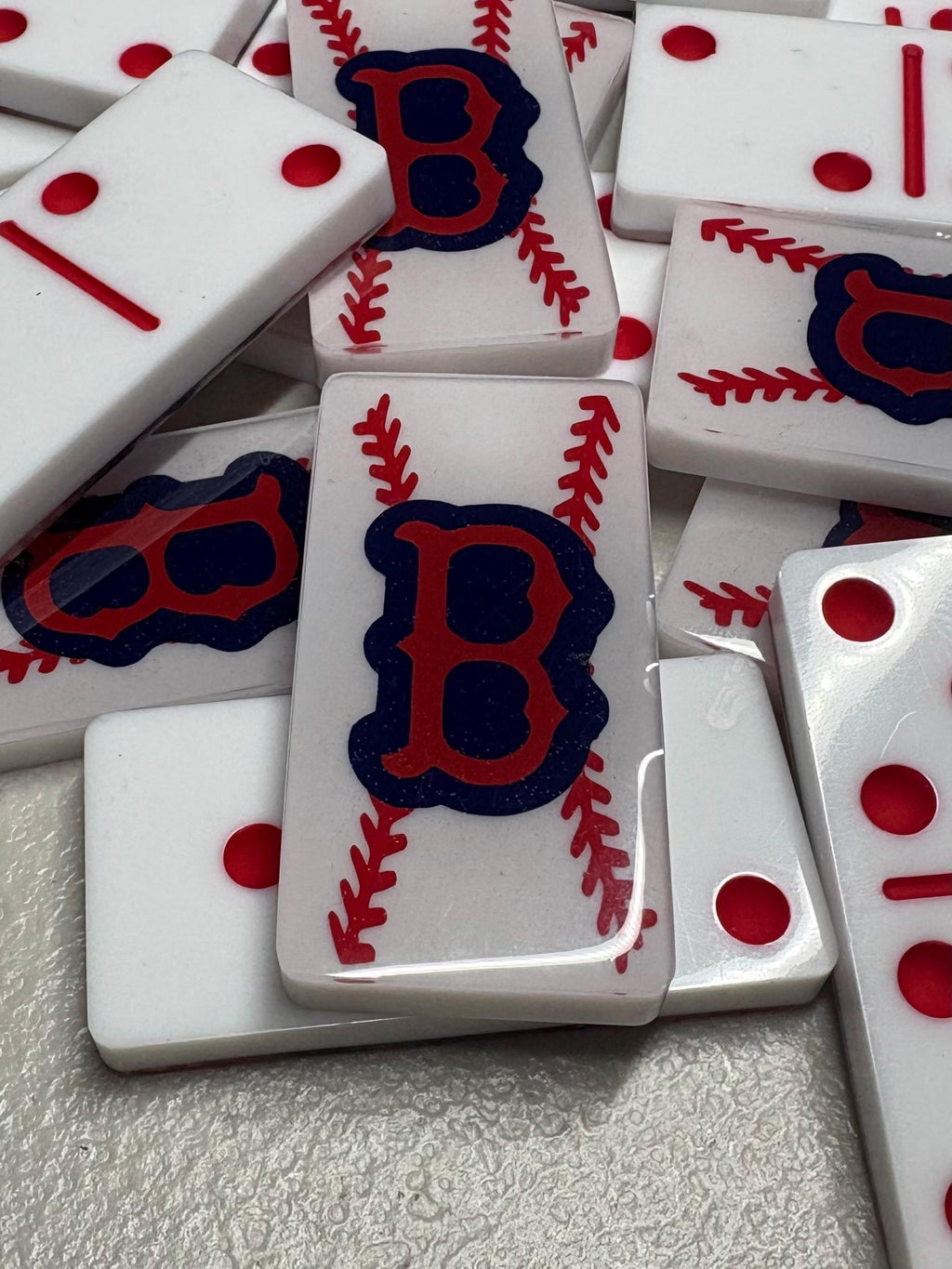 Red, white, and blue Boston Red Sox handmade resin Dominoes.